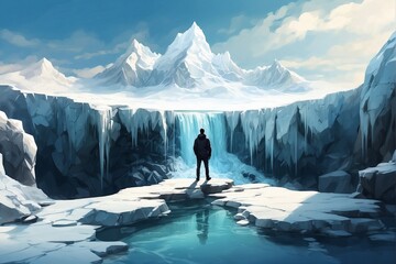 Fototapeta na wymiar Silhouette of a man in warm winter clothing on top of an iceberg next to a body of water