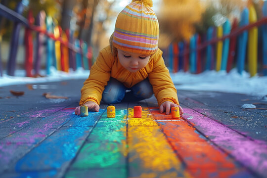Child plays with colorful chalk on playground