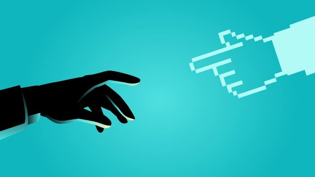 Fusion of humanity and technology in this concept illustration. A human hand, reaches out towards a pixelated hand, symbolizing the connection between humans and technology