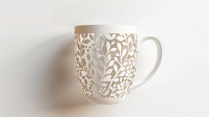 White coffee mug with a cutout design on a white background.