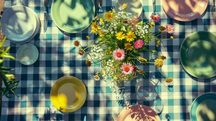 top view of a picnic lunch on a gingham tablecloth, with a bouquet of wildflowers in the center