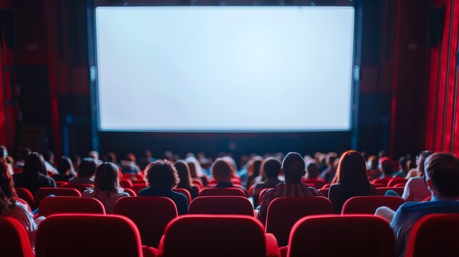 Wide movie screen with people sitting in red chairs in a darkened theater. Silhouettes of people watching the movie.