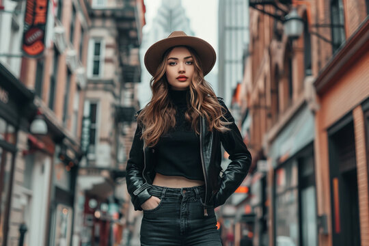 A girl in a confident pose, standing on a city street in a stylish outfit.