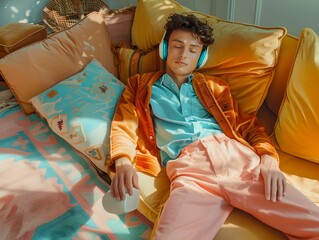 Young man relaxing on a colorful couch with headphones. Casual home attire, cozy ambiance. Sunlit room nap scene. Generative AI