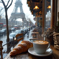 Cozy cafe interior with a view of the eiffel tower. warm coffee ambiance. breakfast in paris with croissant. generative AI