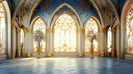 generated illustration of Islamic Mosque interior with arches and view to other Mosque at nigh