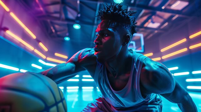 A Black male basketball player trains in a gym with neon lights and a blue background. This image captures the athlete's passion for the sport and the health and fitness aspects of it.