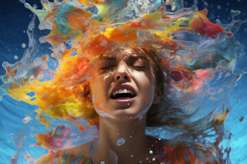 Fine art concept. Woman with excited face portrait in splash of colorful water background