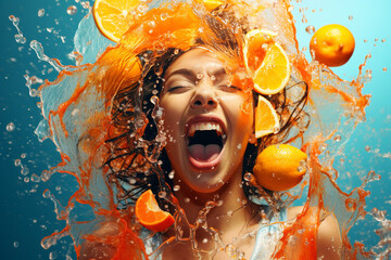 Fine art concept. Woman with excited face portrait in splash of colorful water with citrus fruits background - obrazy, fototapety, plakaty