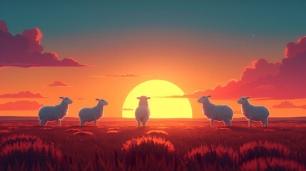  a herd of sheep standing on top of a grass covered field under a bright orange and blue sky with the sun in the background.