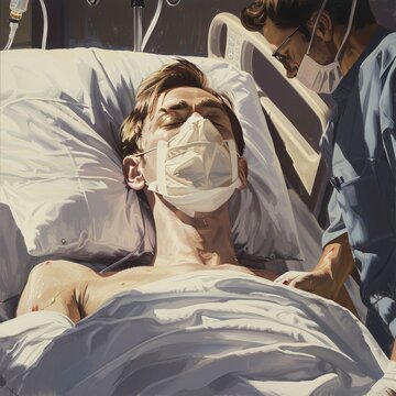 A serene patient lies in a hospital bed with an oxygen mask as a doctor attentively monitors their condition