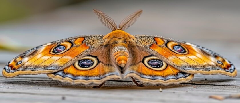  A wood panel hosts a close-up of an open-winged butterfly, eyes shuttered