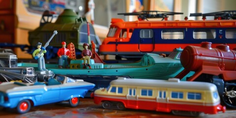 A collection of vintage toy cars and boats are neatly arranged on a table. The colorful vehicles and ships are in various sizes and styles, creating a playful scene.