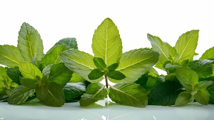  lush green mint leaves arranged in a beautiful composition - obrazy, fototapety, plakaty
