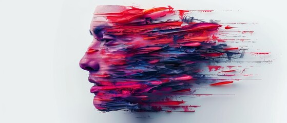  A portrait of a person with a splattered face painted in shades of red, blue, and pink