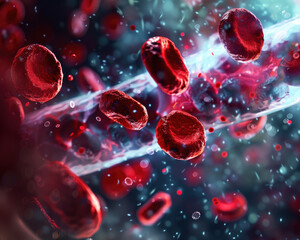 A close up of red blood cells in motion. Concept of movement and energy, as the red blood cells are seen flying through the air. The red color of the cells adds to the intensity and drama of the scene