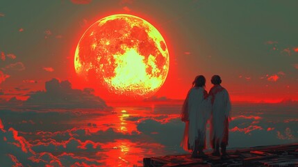  two people standing on a dock watching the sun rise over the ocean with a full moon in the sky above them. - obrazy, fototapety, plakaty