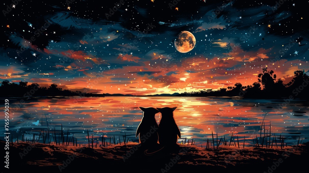 Wall mural a painting of two penguins sitting on the shore of a lake at night with a full moon in the sky.