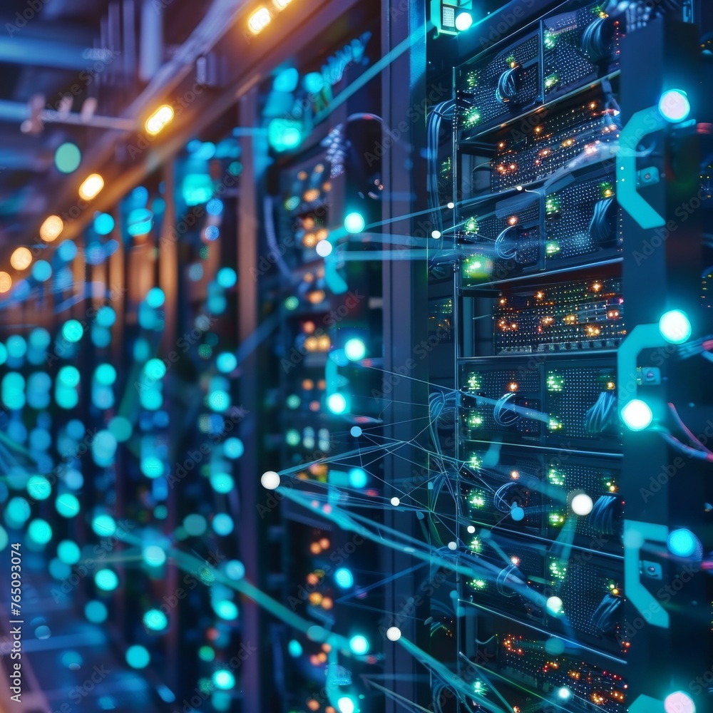 Poster a close-up view of a server rack with blue lights in a modern data center, symbolizing network infra