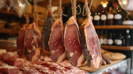 Fotobehang Assortment of jamon hanging on a string at a butcher store © Олег Фадеев
