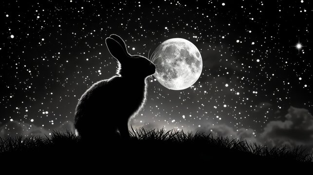  a black and white photo of a rabbit sitting in the grass at night with a full moon in the background.