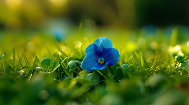 Blue pansy flower on green grass background with bokeh effect