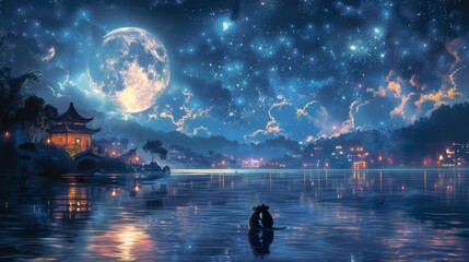  a painting of a person sitting on a boat in a body of water with a full moon in the background.