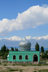 Mosque at Issyk-Kul and Tian Shan Mountains, Kyrgyzstan