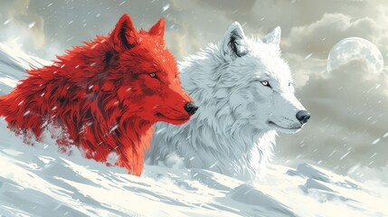 Fototapeta premium a couple of red and white wolf standing next to each other on top of a snow covered hillside in front of a full moon.