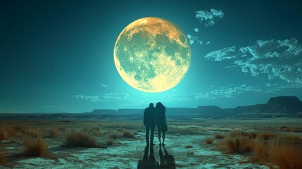  two people standing in front of a large yellow moon in the middle of a desert with mountains in the background.