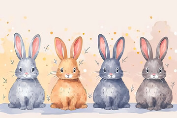 4 bunnies in a row simple watercolour illustration pastel shades 