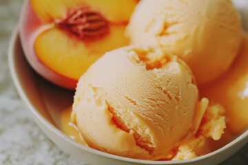 bowl of three scoops of peach ice cream topped with a fresh slice of peach. A delicious dessert made with staple food and dondurma