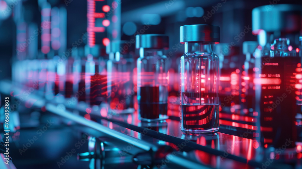 Poster a row of vials with a red glow on them. the vials are lined up on a counter