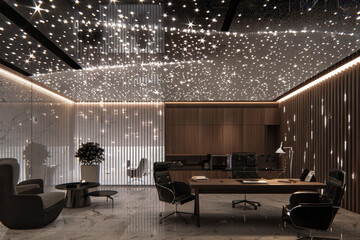 A luxurious business office with an abstract ceiling design
