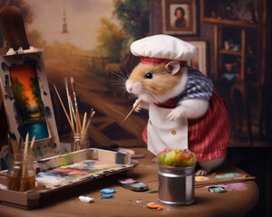 A hamster is painting a picture while wearing a chef's hat. The scene is whimsical and playful, with the hamster taking on the role of an artist