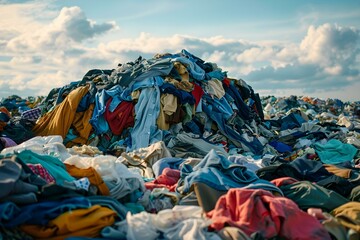 Pile of discarded clothing in landfill highlighting issues of fast fashion and sustainability. Concept Fast Fashion, Sustainability, Clothing Waste, Landfill, Environmental Impact - obrazy, fototapety, plakaty