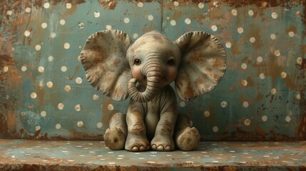  an elephant figurine sitting on top of a table next to a rusted metal wall with polka dots. - obrazy, fototapety, plakaty