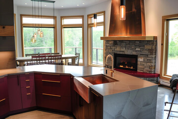 A sleek kitchen with a hexagonal island, a copper farmhouse sink, crimson accents, and a modernist stone fireplace.