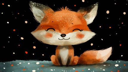 Fototapeta premium a painting of a red fox sitting on a snow covered ground with snow flakes on it's face.