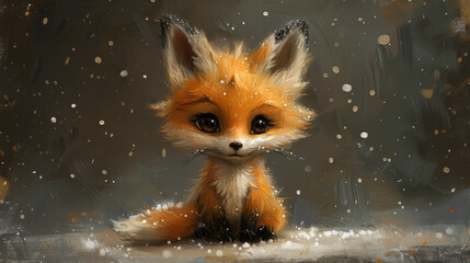 Fototapeta premium a painting of a little fox sitting in the snow with it's eyes open and it's mouth wide open.