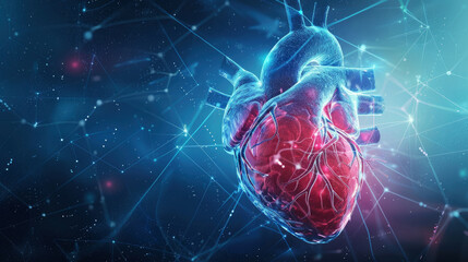 A heart is shown in a blue and red color scheme. The heart is surrounded by a web of lines, giving it a futuristic and abstract appearance