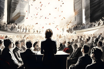 Women politician gives Public Speech to government, gender diversity equality democracy sketch art illustration - obrazy, fototapety, plakaty