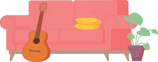 Musician room interior. Pink sofa with guitar and decoration