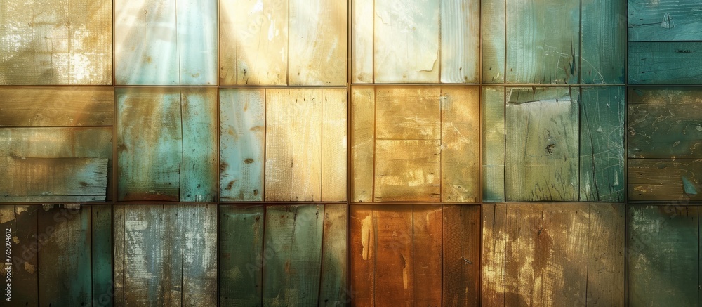 Poster a close-up view of a wooden wall displaying a vibrant mix of different colors, creating an eye-catch