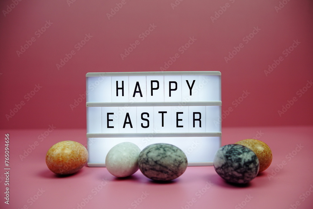 Sticker Happy Easter light box with easter element decoration on pink background