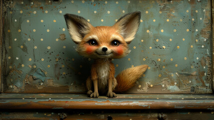 Fototapeta premium a painting of a little fox sitting on top of a piece of wood with spots on it's face.