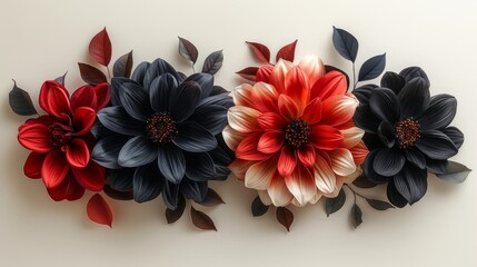  a group of three flowers sitting on top of a white table next to a black and red flower on top of a white wall.