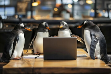 Penguins business meeting, working on their laptops in modern office, teamwork and wildlife concept - obrazy, fototapety, plakaty