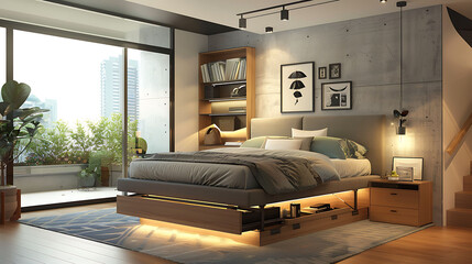 Modern bedroom with a bed platform that lifts up hydraulically to reveal a spacious storage area for bulky items and luggage