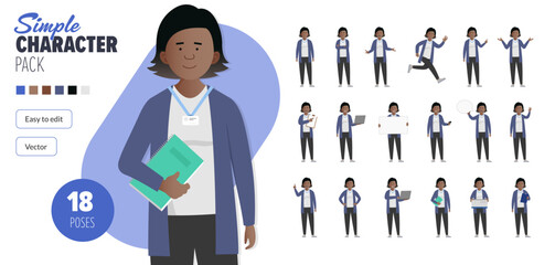 Simple flat black female teacher vector character in a set of multiple poses. Easy to edit and isolated on a white background. Modern trendy style character mega pack with lots of poses.	